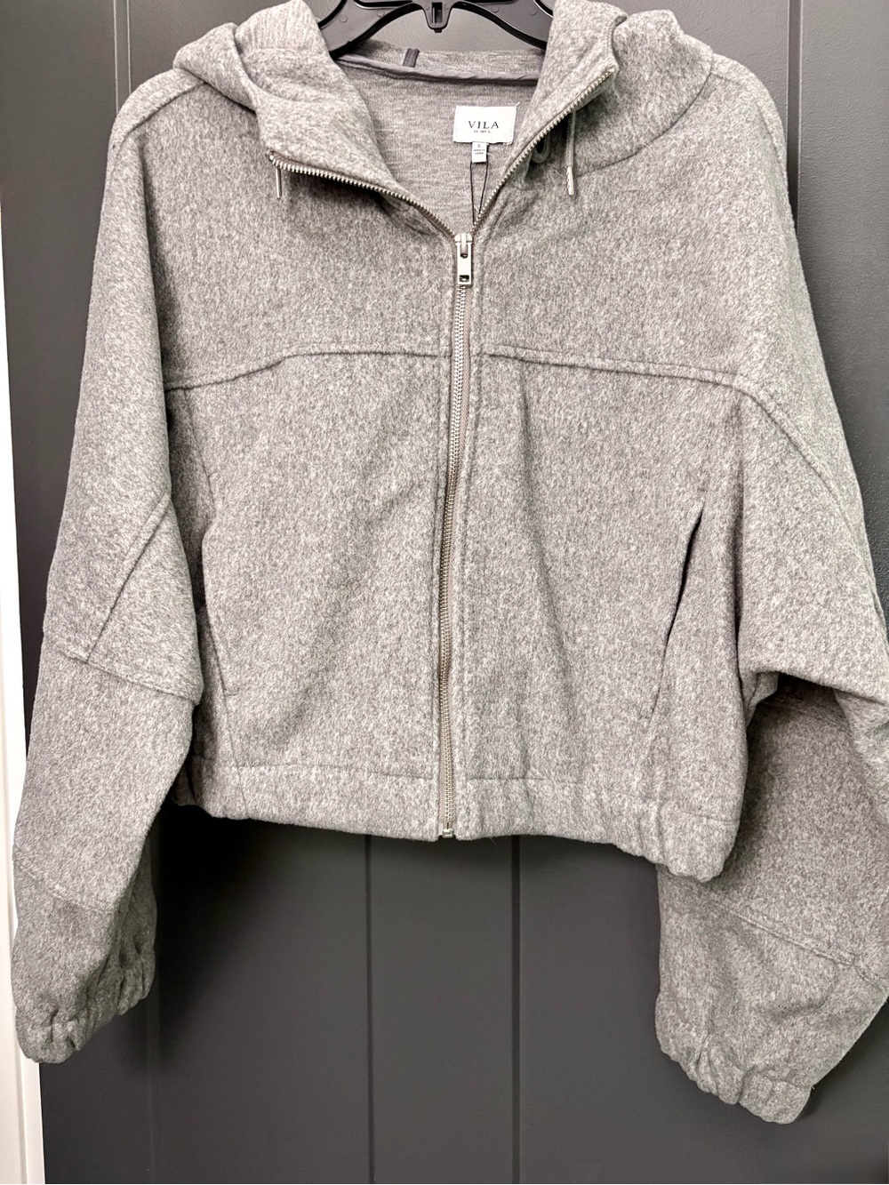 VILA Light Gray Hooded Zip Bomber Jacket